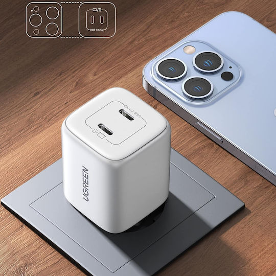 Ugreen Φορτιστής Χωρίς Καλώδιο GaN με 2 Θύρες USB-C 45W Power Delivery Λευκός (Nexode)