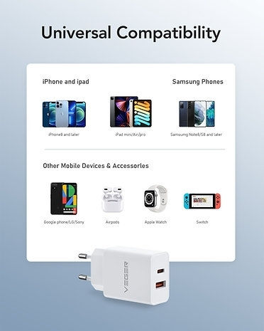 Veger Φορτιστής Χωρίς Καλώδιο με Θύρα USB-A και Θύρα USB-C 20W Power Delivery / Quick Charge 3.0 Λευκός (VLS202U)