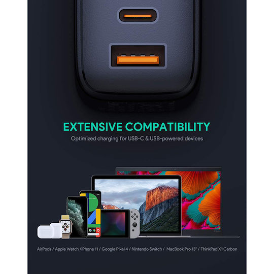 Aukey Φορτιστής Χωρίς Καλώδιο GaN με Θύρα USB-A και Θύρα USB-C 65W Power Delivery Μαύρος (PA-B3)