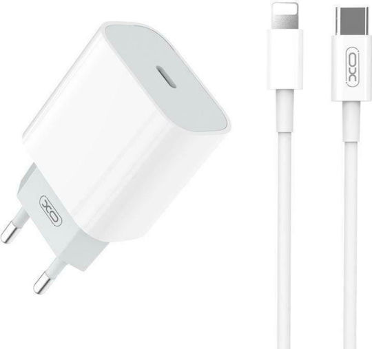 XO Φορτιστής με Θύρα USB-C και Καλώδιο USB-C - Lightning Power Delivery Λευκός (L91)