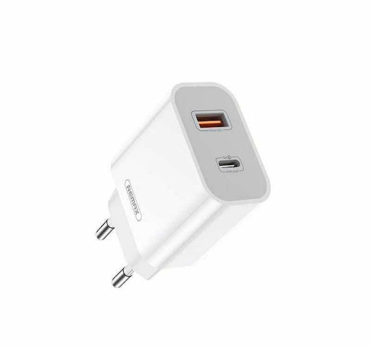 Remax Φορτιστής με Θύρα USB-A και Θύρα USB-C και Καλώδιο USB-C - Lightning 20W Power Delivery Λευκός (RP-U68)