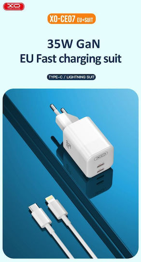 XO Charger Without Cable GaN with 2 USB-C Ports 35W Power Delivery Whites (CE07)