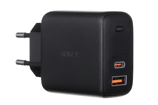 Aukey Φορτιστής Χωρίς Καλώδιο GaN με Θύρα USB-A και Θύρα USB-C 65W Power Delivery Μαύρος (PA-B3)