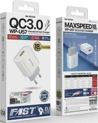 WK Φορτιστής με Θύρα USB-A και Καλώδιο USB-C 18W Quick Charge 3.0 Λευκός (WP-U57)