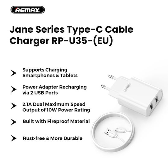 Remax Charger with 2 USB-A Ports and Cable USB-C Whites (RP-U35)