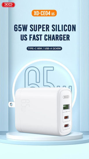 XO Ladegerät ohne Kabel mit USB-A Anschluss und 2 USB-C Anschlüsse 65W Weißs (CE04)