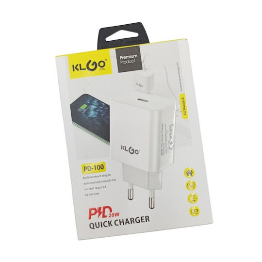 KLGO Charger Without Cable with USB-C Port 20W Whites (PD-100)