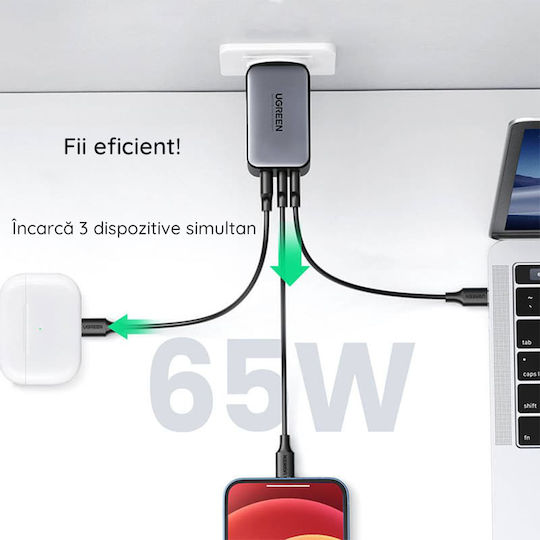 Ugreen Incarcator Fara Cablu GaN cu Port USB-A si 2 Porturi USB-C 65W Alb (Nexode)