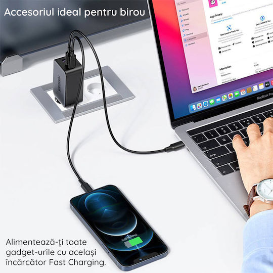Ugreen Incarcator Fara Cablu GaN cu Port USB-A si 2 Porturi USB-C 65W Alb (Nexode)