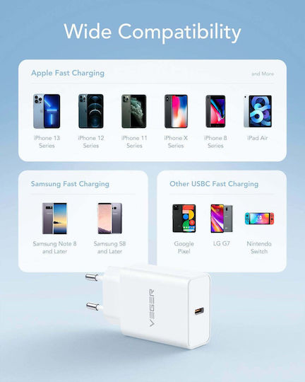 Veger Φορτιστής Χωρίς Καλώδιο με Θύρα USB-C 25W Power Delivery / Quick Charge 3.0 Λευκός (VLS2501)