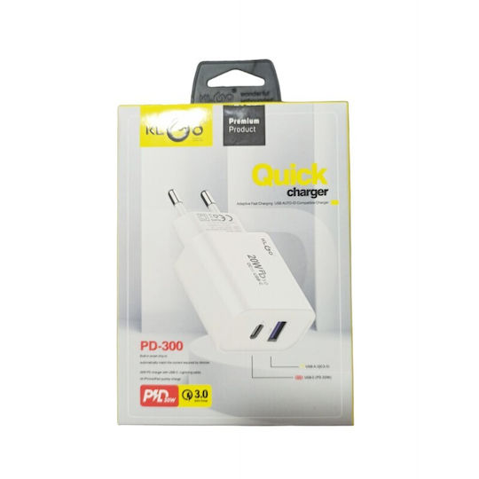 KLGO Wireless Charger With USB-A Output Port And USB-C Output Port 20W Power Delivery Quick Charge 3.0 White PD-300