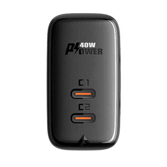 Acefast Ladegerät ohne Kabel mit 2 USB-C Anschlüsse 40W Stromlieferung Schwarzs (A9)