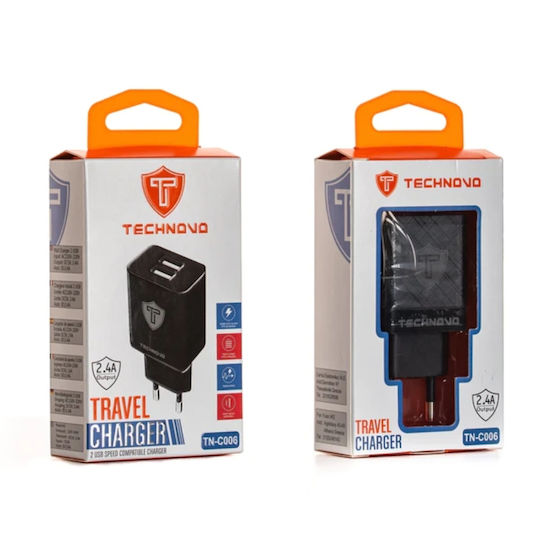 Technovo Φορτιστής Χωρίς Καλώδιο με 2 Θύρες USB-A Μαύρος (TN-C006)