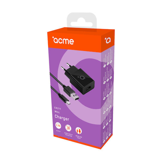 Acme Φορτιστής με Θύρα USB-A και Καλώδιο micro USB 12W Μαύρος (CH211)