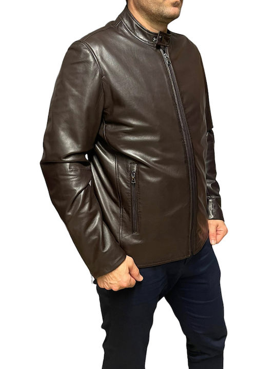 MARKOS LEATHER Ανδρικό Δερμάτινο Χειμωνιάτικο Μπουφάν Biker Καφέ