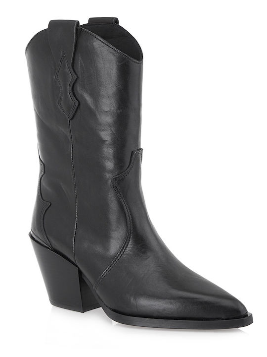 Alpe Leather Women's Cowboy Boots with High Heel Black