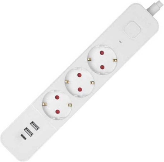 Entac Power Strip 3 Positions with 2 USB-A, 1 USB-C, Switch and Cable 1.5m