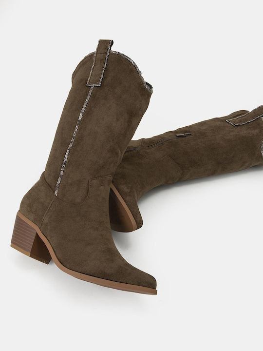 Wildleder Damenstiefel Cowboy mit mittlerem Absatz Khaki