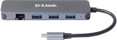 D-Link USB 3.0 4 Port Hub with USB-C / Ethernet Connection & Charging Port Gray