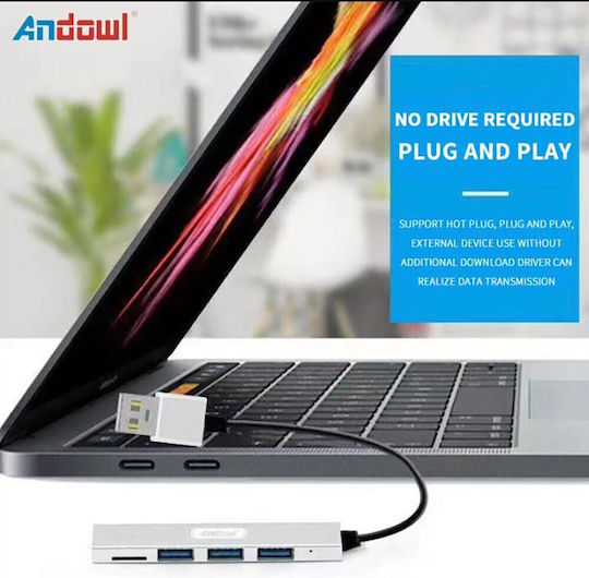 Andowl Hub 3 Θυρών USB 3.0 με σύνδεση USB-A Ασημί