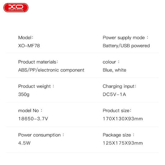 XO Mf78 Ventilator USB Cu Apă 5W Alb
