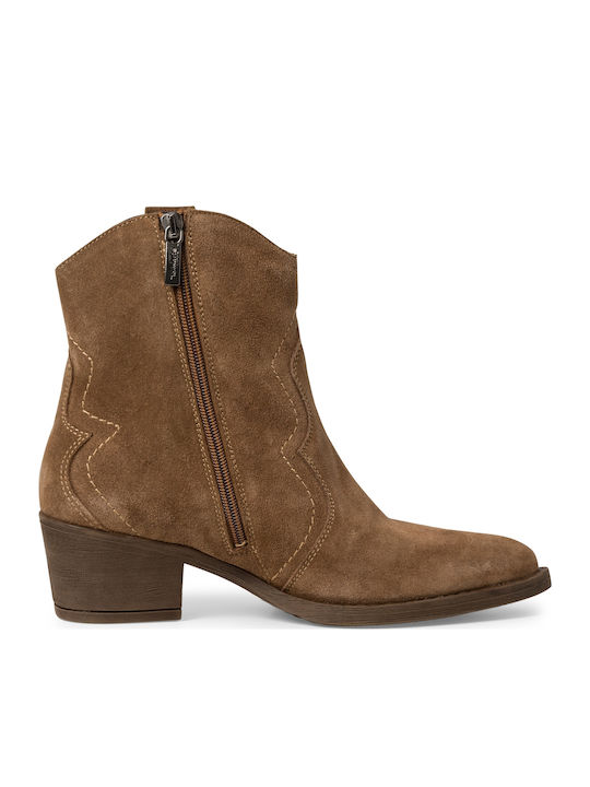 Leather Women's Cowboy Boots with Medium Heel Brown