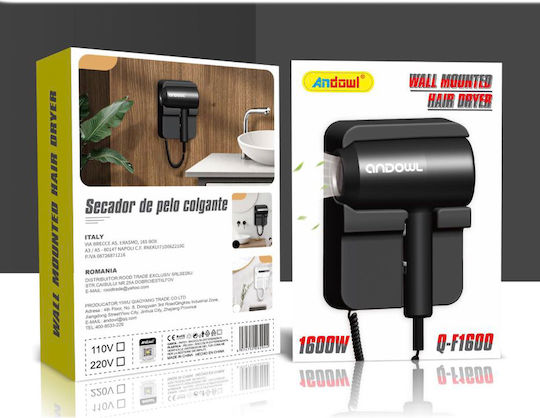 Andowl Black Hotel Hair Dryer 1.6kW with Spiral Cable up to 60cm