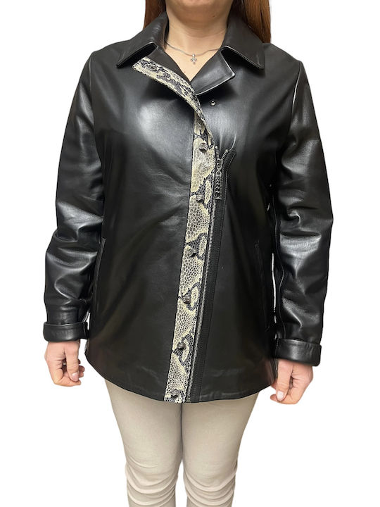 MARKOS LEATHER Women's Short Puffer Leather Jacket for Winter Black