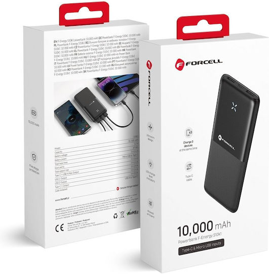 Forcell F-Energy S10k1 Power Bank 10000mAh με 2 Θύρες USB-A και Θύρα USB-C Μαύρο