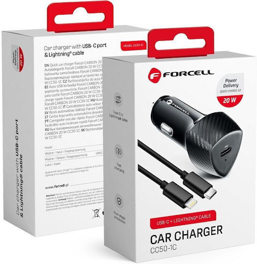 Forcell Handy-Autoladegerät 20W 3A mit einem Anschluss 1xType-C zusammen mit Kabel Lightning Schwarz Farbe
