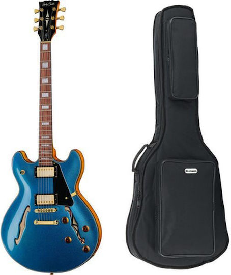 Harley Benton Elektrische Gitarre ES mit HH Tonabnehmerkonfiguration Metallic Blue mit Tasche