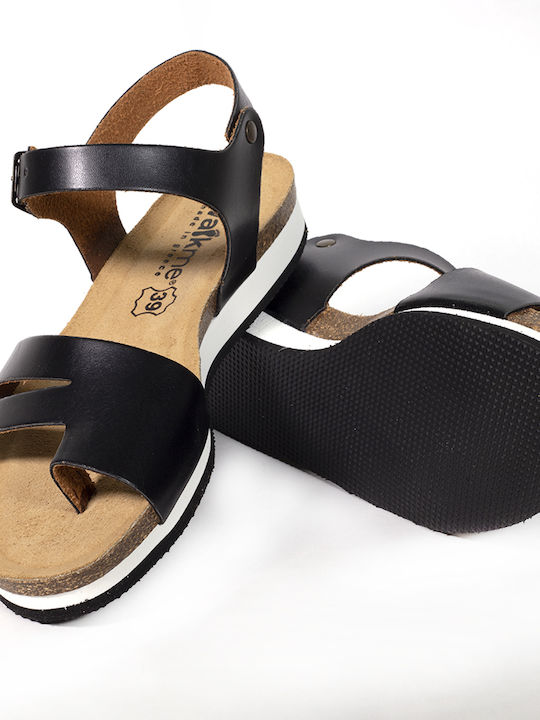 Walk Me Leather Women's Flat Sandals Anatomic with Strap in Black Color