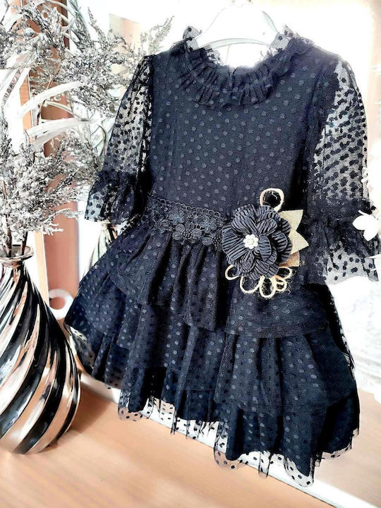 TakTakBaby Rochie pentru Copii Din Tulle Polka Dot Mânecă lungă Negru