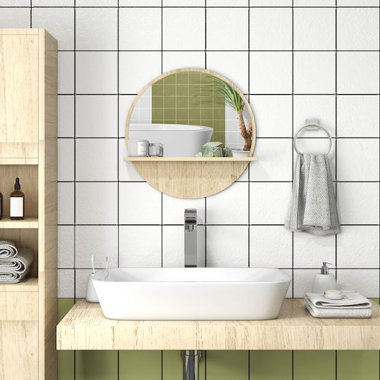Kleankin Round Bathroom Mirror from Chipboard with Shelf 45x45cm Brown
