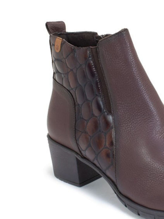 Leather Women's Ankle Boots with Medium Heel Brown