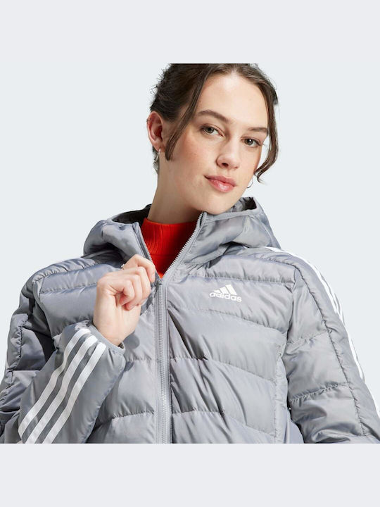 Essentials 3-stripes Light Women's Long Puffer Jacket for Winter with Hood Gray