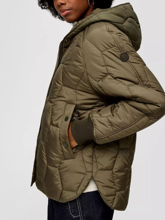 Women's Short Puffer Jacket for Spring or Autumn Khaki
