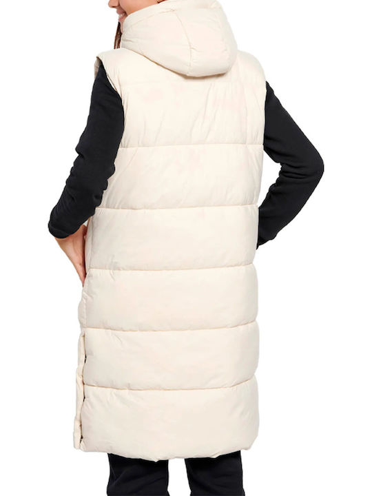 Funky Buddha Women's Long Puffer Jacket for Winter with Detachable Hood Ecru