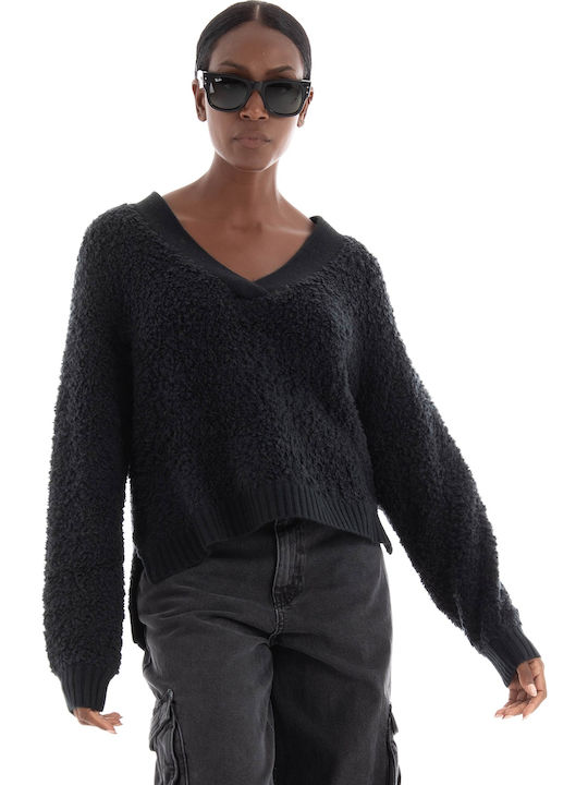 Deeann Cloud Fluff V Neck Women's Long Sleeve Sweater Woolen with V Neckline Black