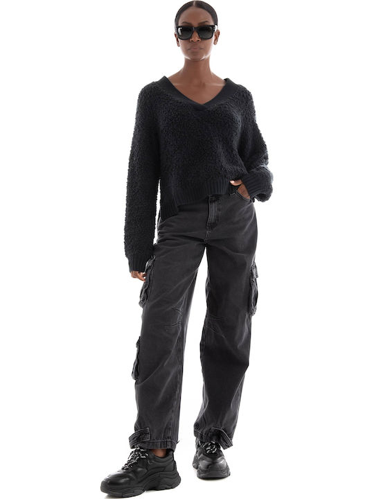 Deeann Cloud Fluff V Neck Women's Long Sleeve Sweater Woolen with V Neckline Black
