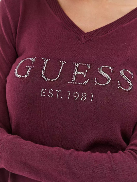 Guess Winter Damen Bluse Langärmelig mit V-Ausschnitt Burgundisch