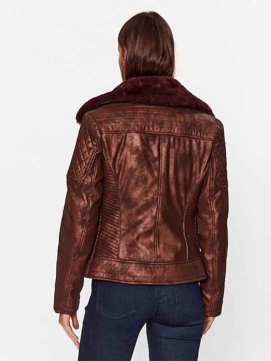 Guess Women's Short Lifestyle Leather Jacket for Winter Brown