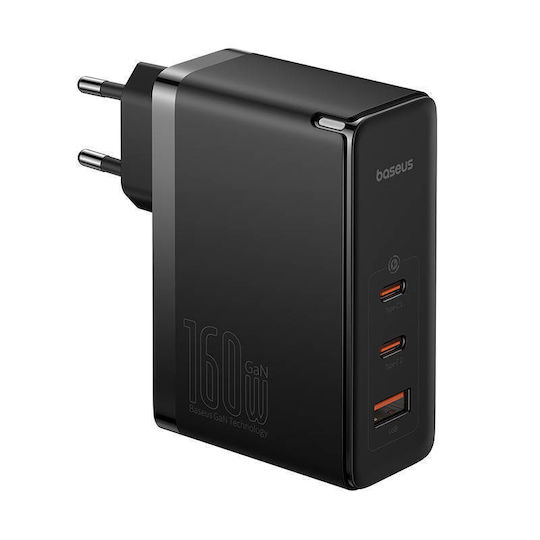 Baseus GaN с USB-A порт и 2 USB-C порта и кабел USB-C - USB-C 160W Power Delivery Черен (GaN5 Pro)