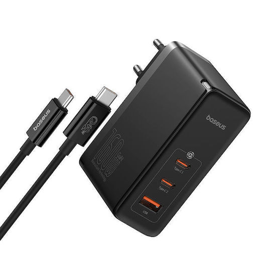 Baseus GaN с USB-A порт и 2 USB-C порта и кабел USB-C - USB-C 160W Power Delivery Черен (GaN5 Pro)