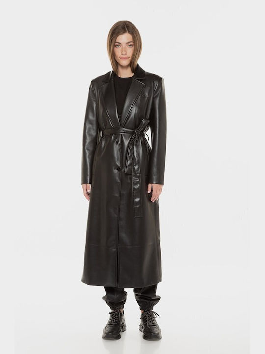 Guess Women's Leather Long Coat with Buttons Black