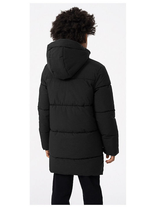 Down Kids Casual Coat Long Hooded Black