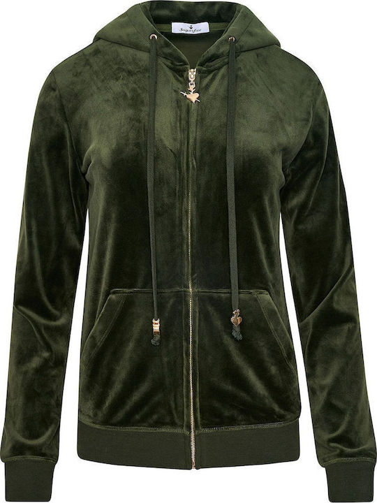 Damen Sweatshirtjacke Samt Kapuzen Grün