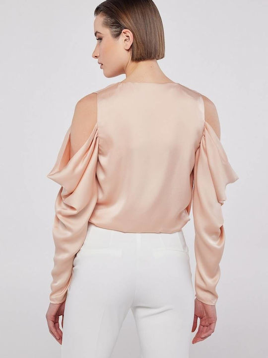 Criss Women's Satin Long Sleeve Top with V-Neck Pink 2023S312-Light