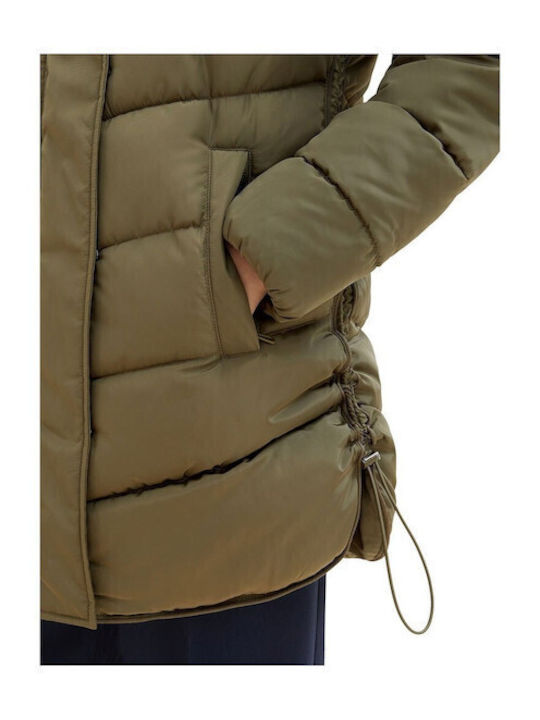 Women's Short Puffer Jacket for Winter Khaki