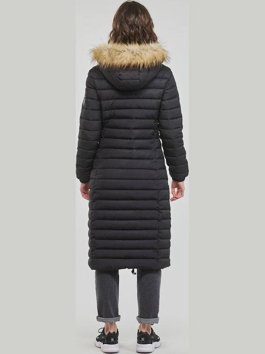 Fuji Women's Long Puffer Jacket for Winter with Hood Black